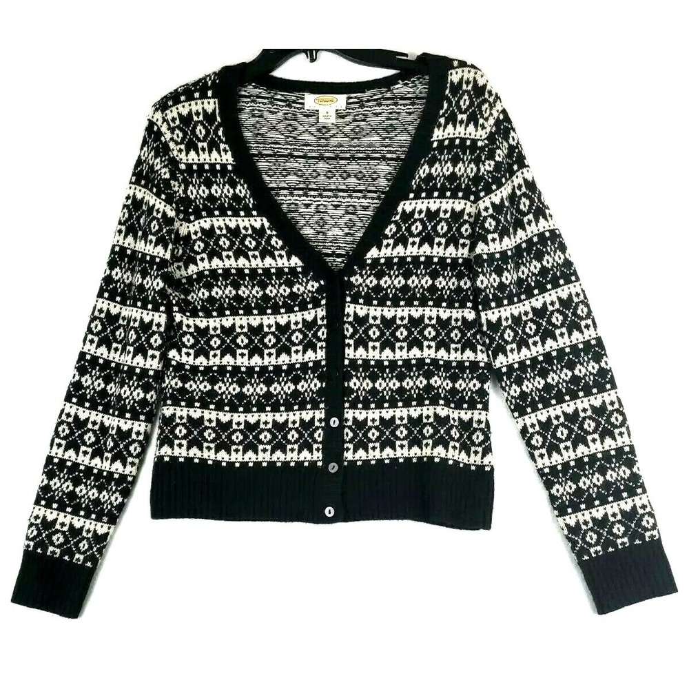 Talbots Womens SP Cardigan Black White Lambswool Angora Cashmere Fair Isle Knit